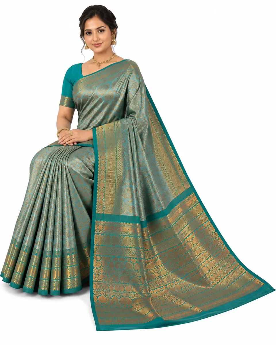 Premium Sea Green Soft Silk Saree with Rich Copper Zari Work