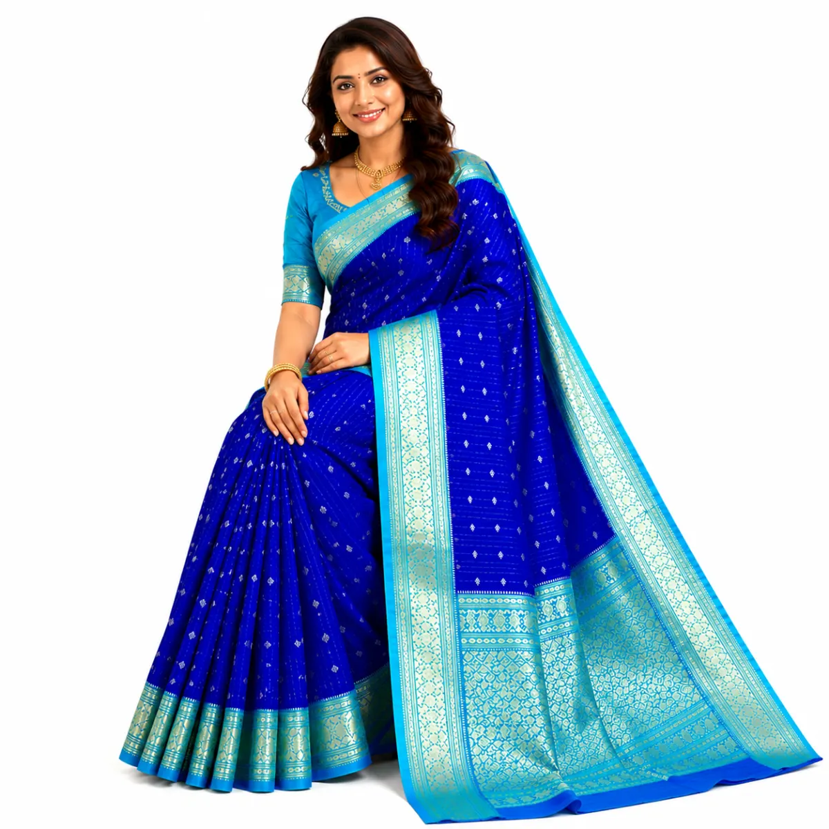 Premium Royal Blue Soft Silk Group Saree with Sky Blue Zari Border