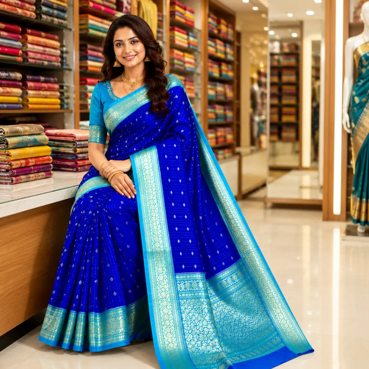 Premium Royal Blue Soft Silk Group Saree with Sky Blue Zari Border